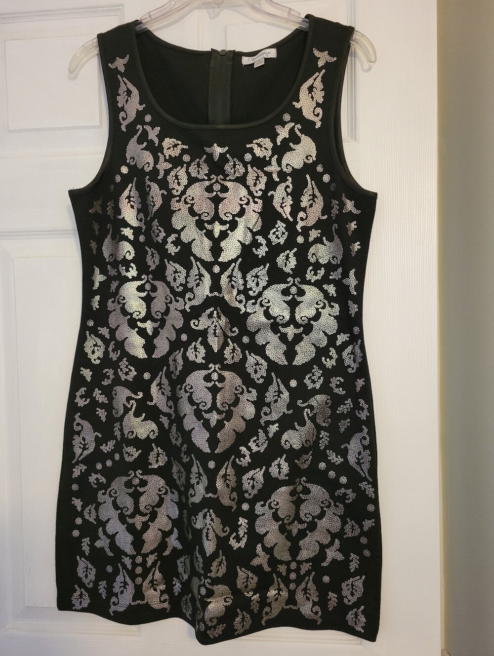 NWOT Olsenboye Black Dress with Silver Damask Detail